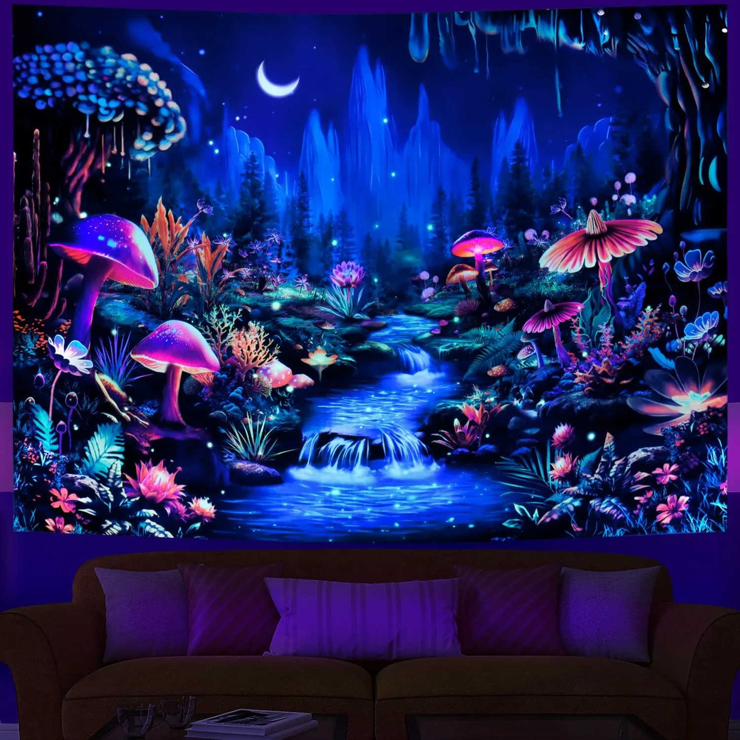 Heopapin Blacklight Tapestry UV Reactive Mushroom Flower Tapestries Fantasy Moonlight Mountain Forest Landscape Tapestry Mysterious Jungle Neon Plants Wall Hanging for Room L78×W59