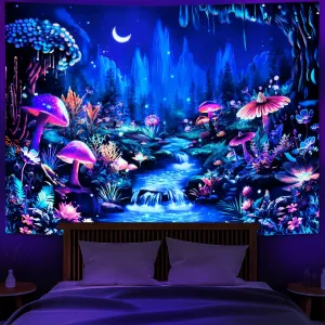 Heopapin Blacklight Tapestry UV Reactive Mushroom Flower Tapestries Fantasy Moonlight Mountain Forest Landscape Tapestry Mysterious Jungle Neon Plants Wall Hanging for Room L78×W59