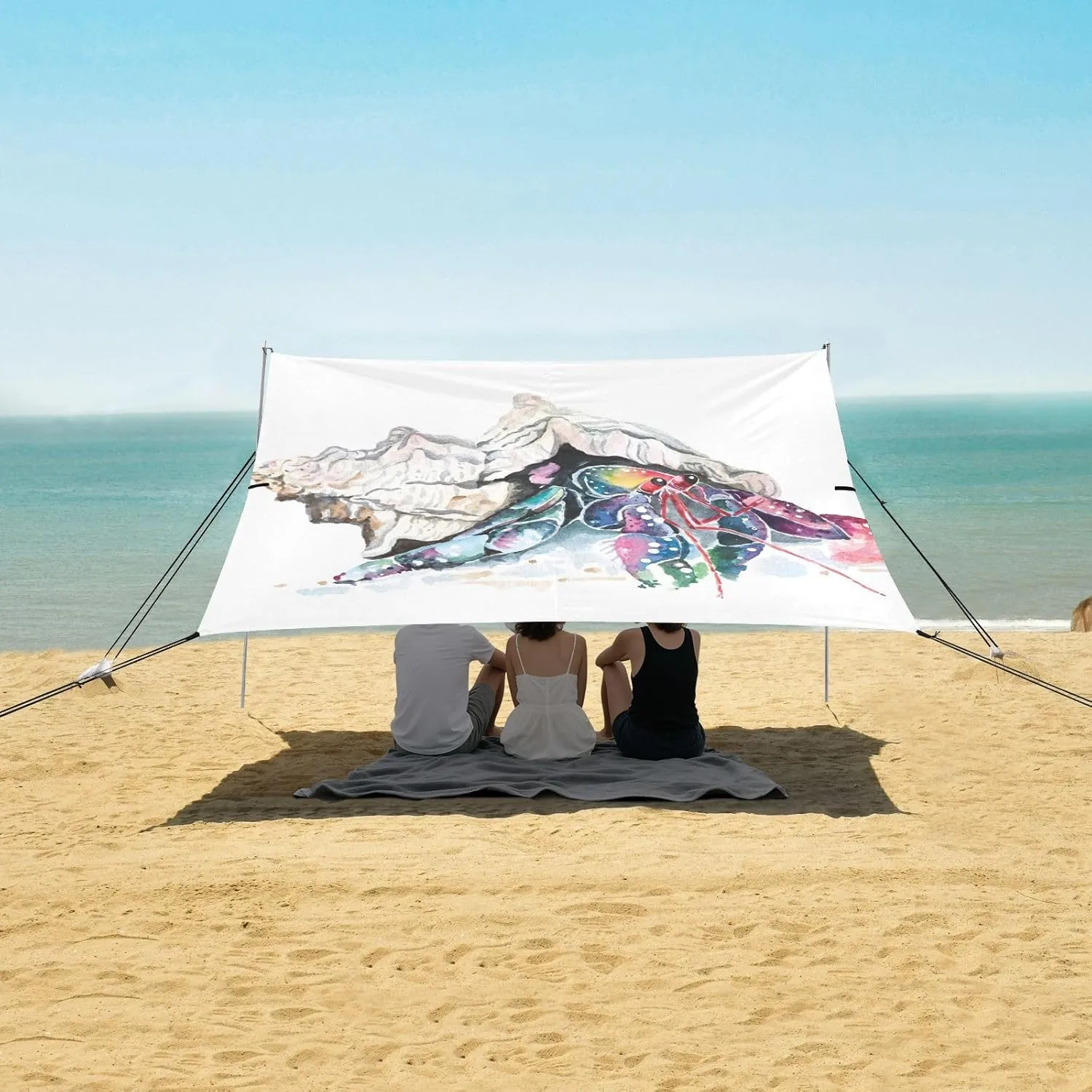 Hermit Crab Watercolor Beach Canopy Tent Anti-UV & Wind Resistant, Camping Sun Shelter Easy Setup Portable,Outdoor Shade Tents with Sandbags,Sand Shovels,Ground Pegs & Stability Poles