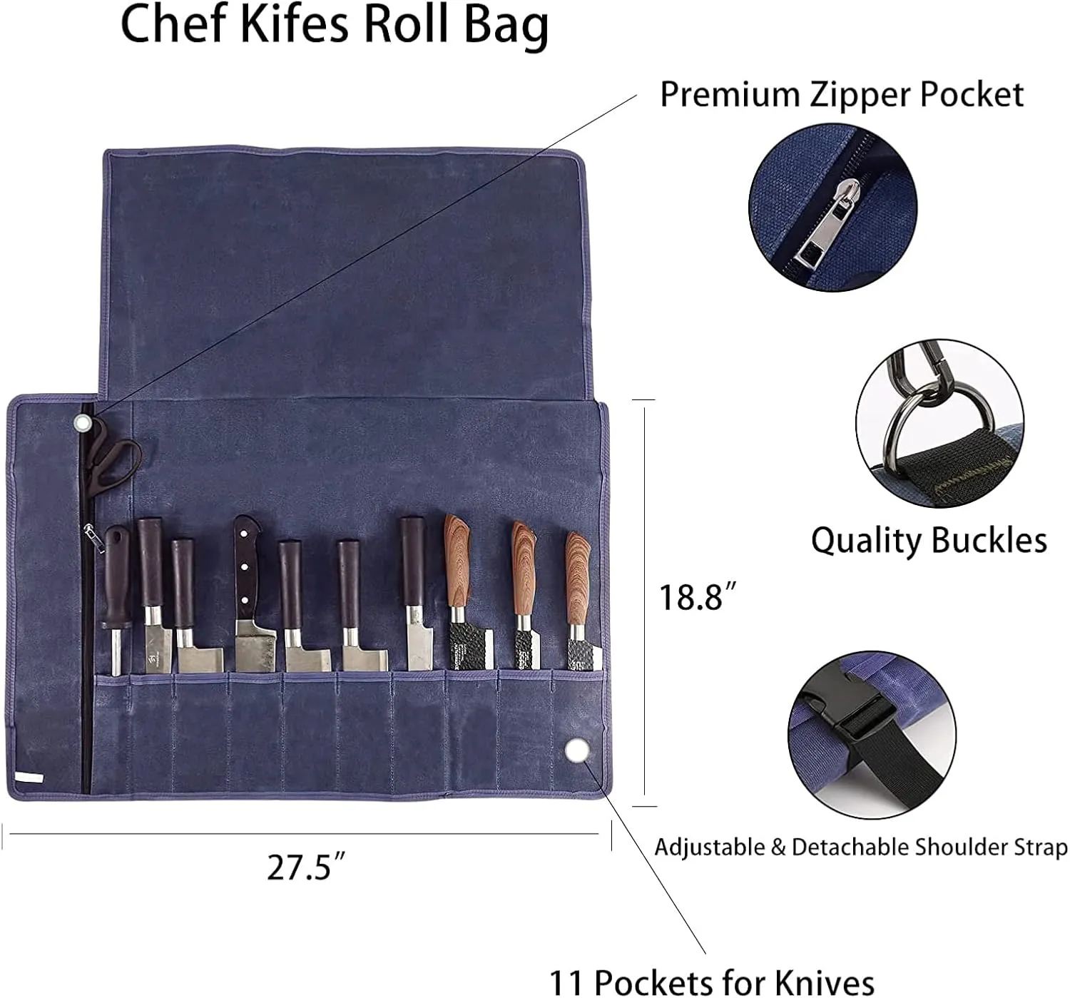 HERSENT Chef’s Knife Roll Bag,Waxed Canvas Knife Cultery Carrier, Portable Chef Knife Cases,Knife Pouch Holders With 10 Slots Plus 1 Zipper Pockets Can Hold Home Kitchen Knife Tools Up To 18.8”