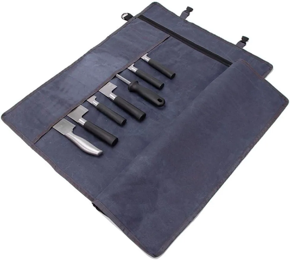 HERSENT Chef’s Knife Roll Bag,Waxed Canvas Knife Cultery Carrier, Portable Chef Knife Cases,Knife Pouch Holders With 10 Slots Plus 1 Zipper Pockets Can Hold Home Kitchen Knife Tools Up To 18.8”