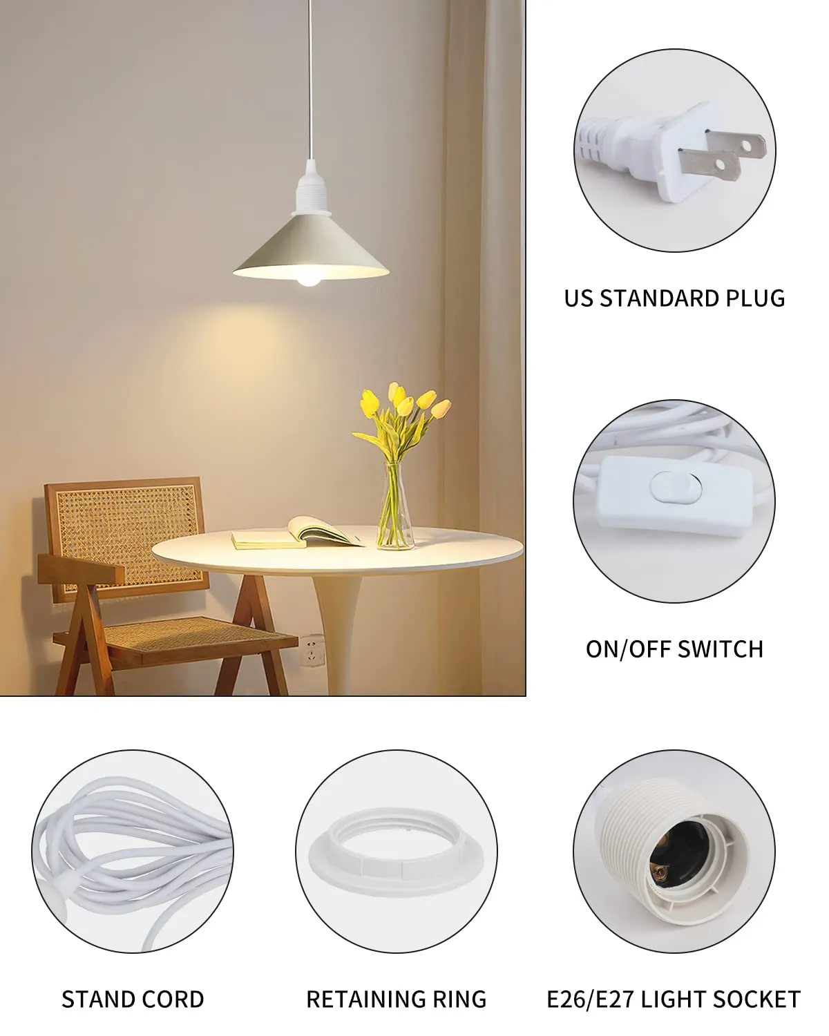 HESSION 15.6ft Plug in Pendant Light, 2-Pack Light Sockets Extension Cord, White Hanging Light Cord E26/E27 Latern Pendant Light Fixtures with ON/Off Switch