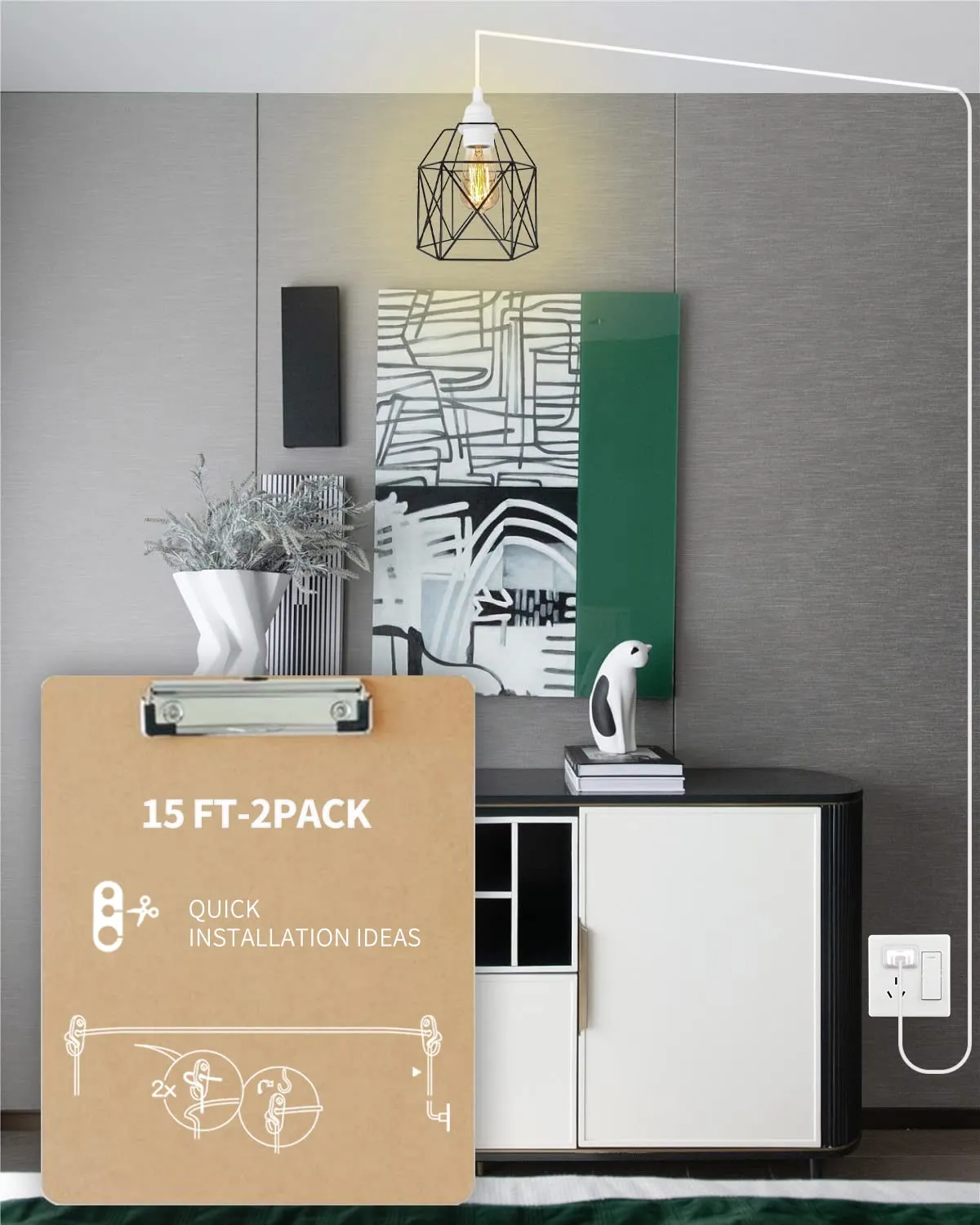 HESSION 15.6ft Plug in Pendant Light, 2-Pack Light Sockets Extension Cord, White Hanging Light Cord E26/E27 Latern Pendant Light Fixtures with ON/Off Switch