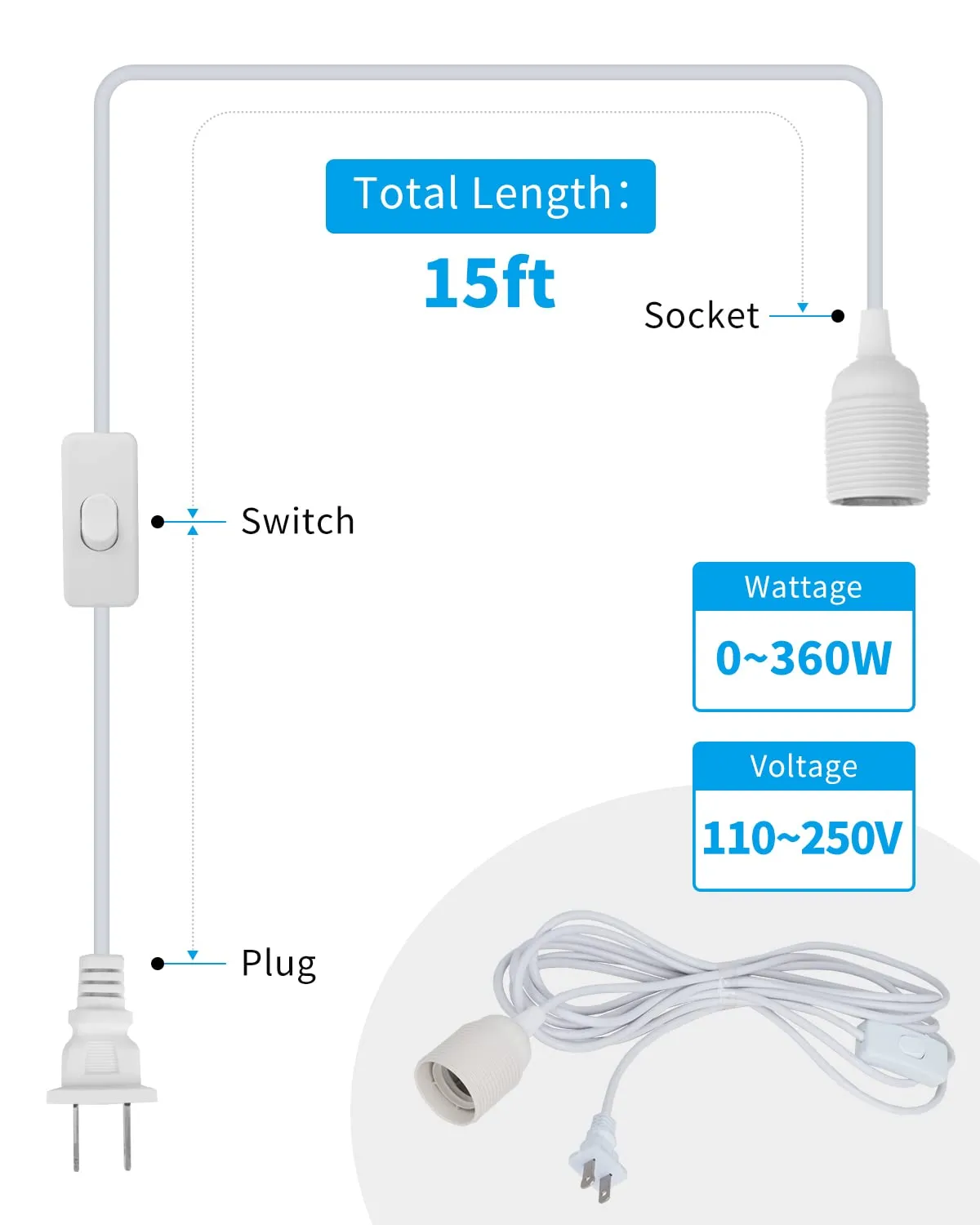 HESSION 15.6ft Plug in Pendant Light, 2-Pack Light Sockets Extension Cord, White Hanging Light Cord E26/E27 Latern Pendant Light Fixtures with ON/Off Switch