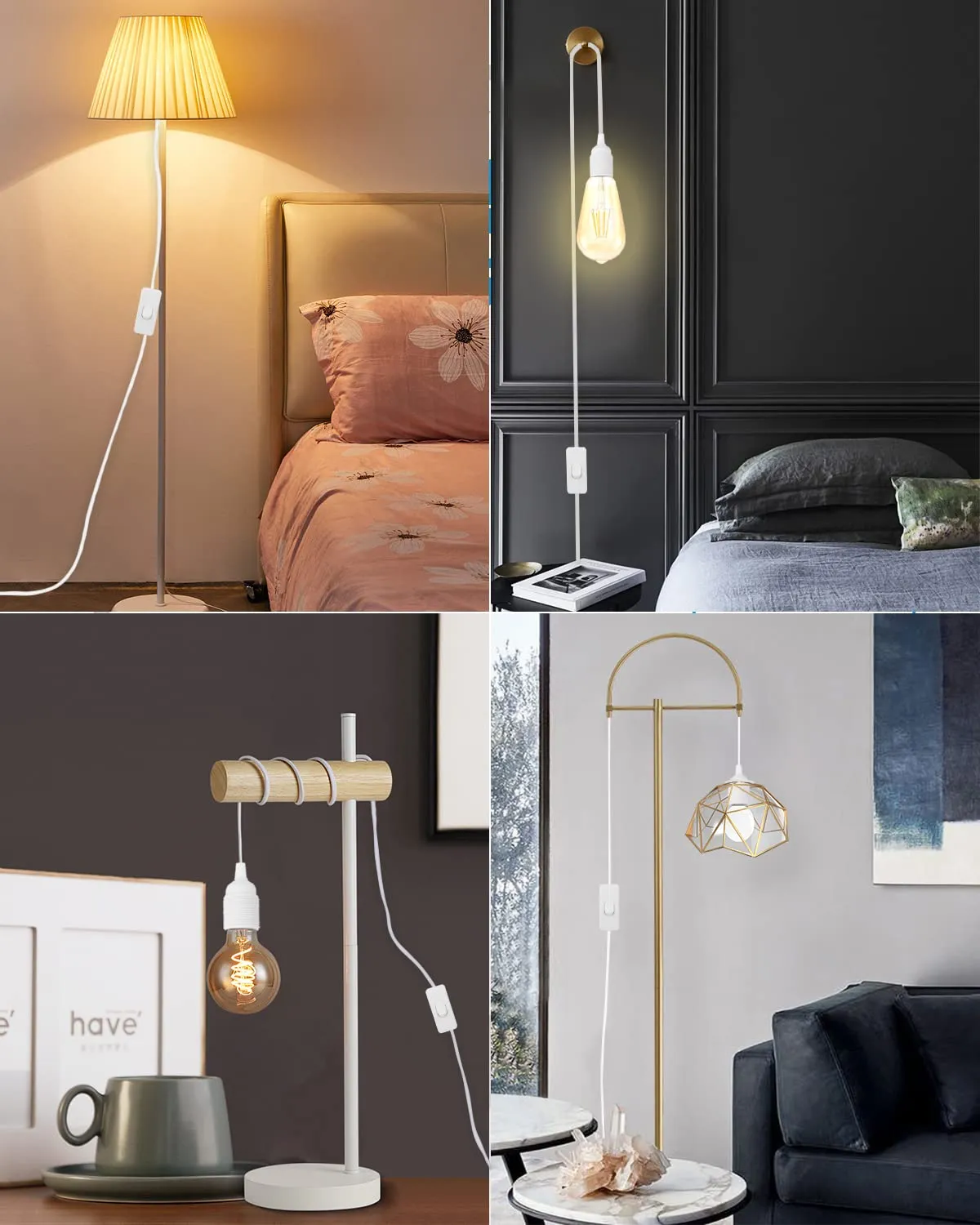 HESSION 15.6ft Plug in Pendant Light, 2-Pack Light Sockets Extension Cord, White Hanging Light Cord E26/E27 Latern Pendant Light Fixtures with ON/Off Switch