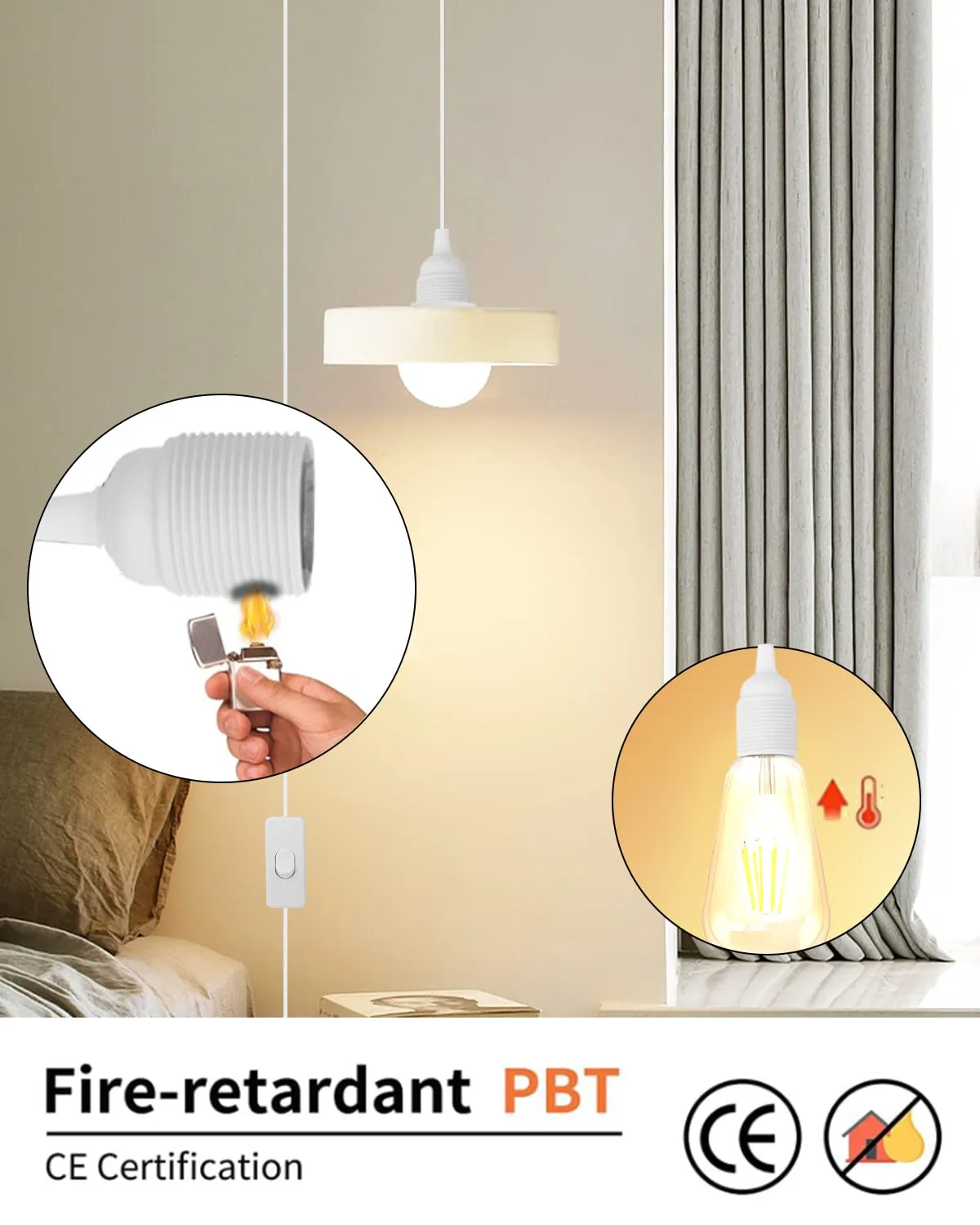 HESSION 15.6ft Plug in Pendant Light, 2-Pack Light Sockets Extension Cord, White Hanging Light Cord E26/E27 Latern Pendant Light Fixtures with ON/Off Switch