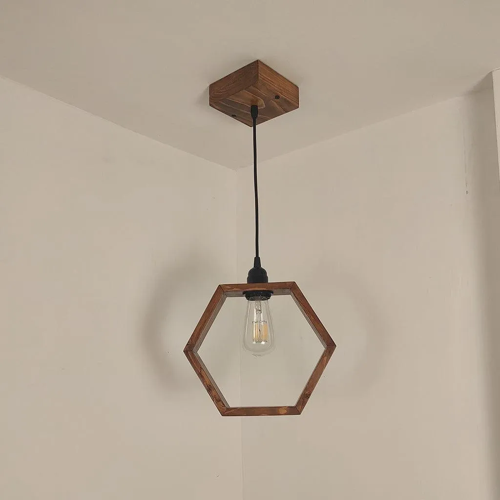 Hex Brown Wooden Single Hanging Lamp