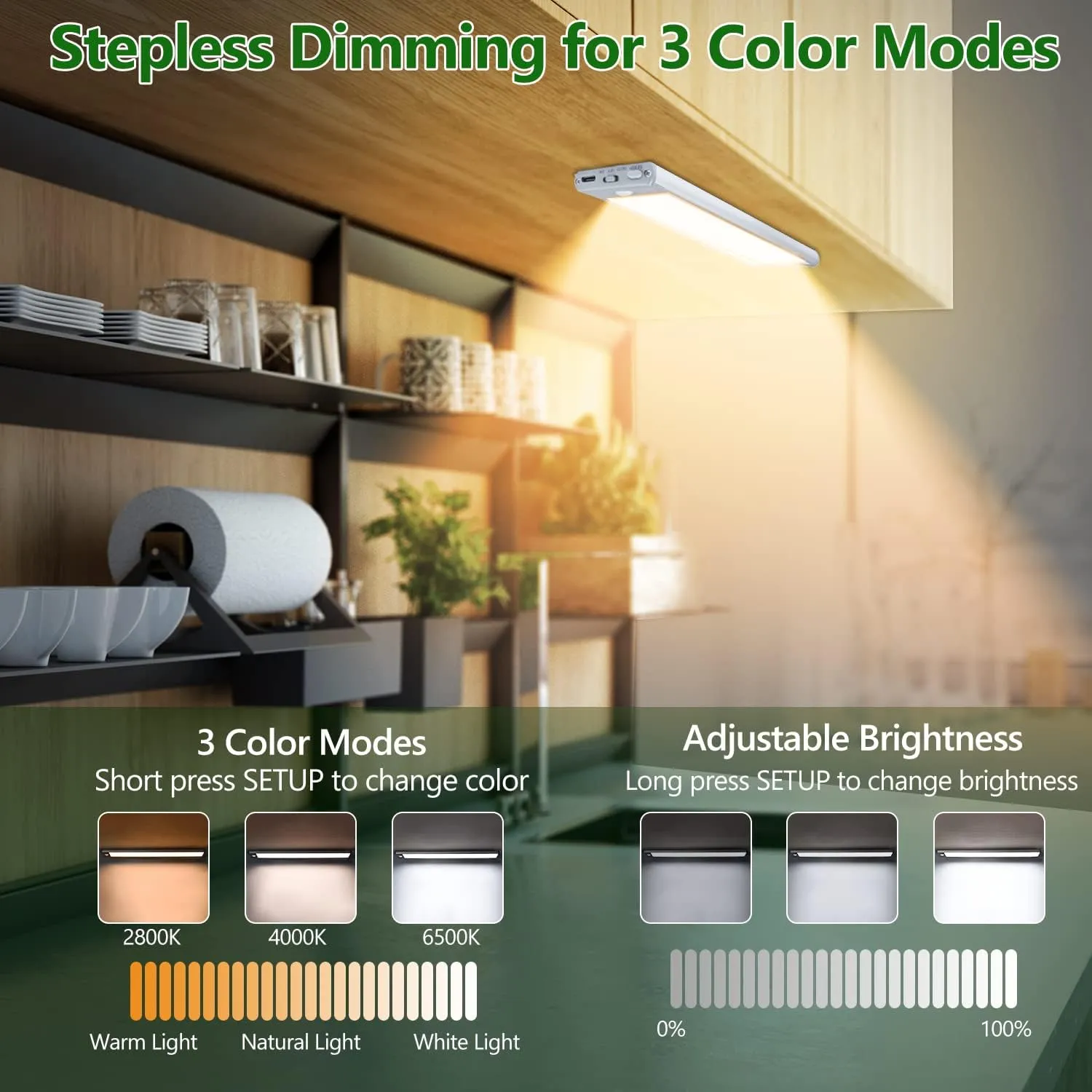 HIBOITEC 60 LED Under Cabinet Lights, 3 Color Temperatures Motion Sensor Light Indoor, 2500mAh Rechargeable Stepless Dimmable Closet Lighting, Wireless Night for Drawer, Wardrobe, Kitchen, Hallway