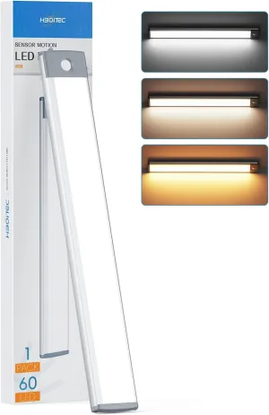 HIBOITEC 60 LED Under Cabinet Lights, 3 Color Temperatures Motion Sensor Light Indoor, 2500mAh Rechargeable Stepless Dimmable Closet Lighting, Wireless Night for Drawer, Wardrobe, Kitchen, Hallway