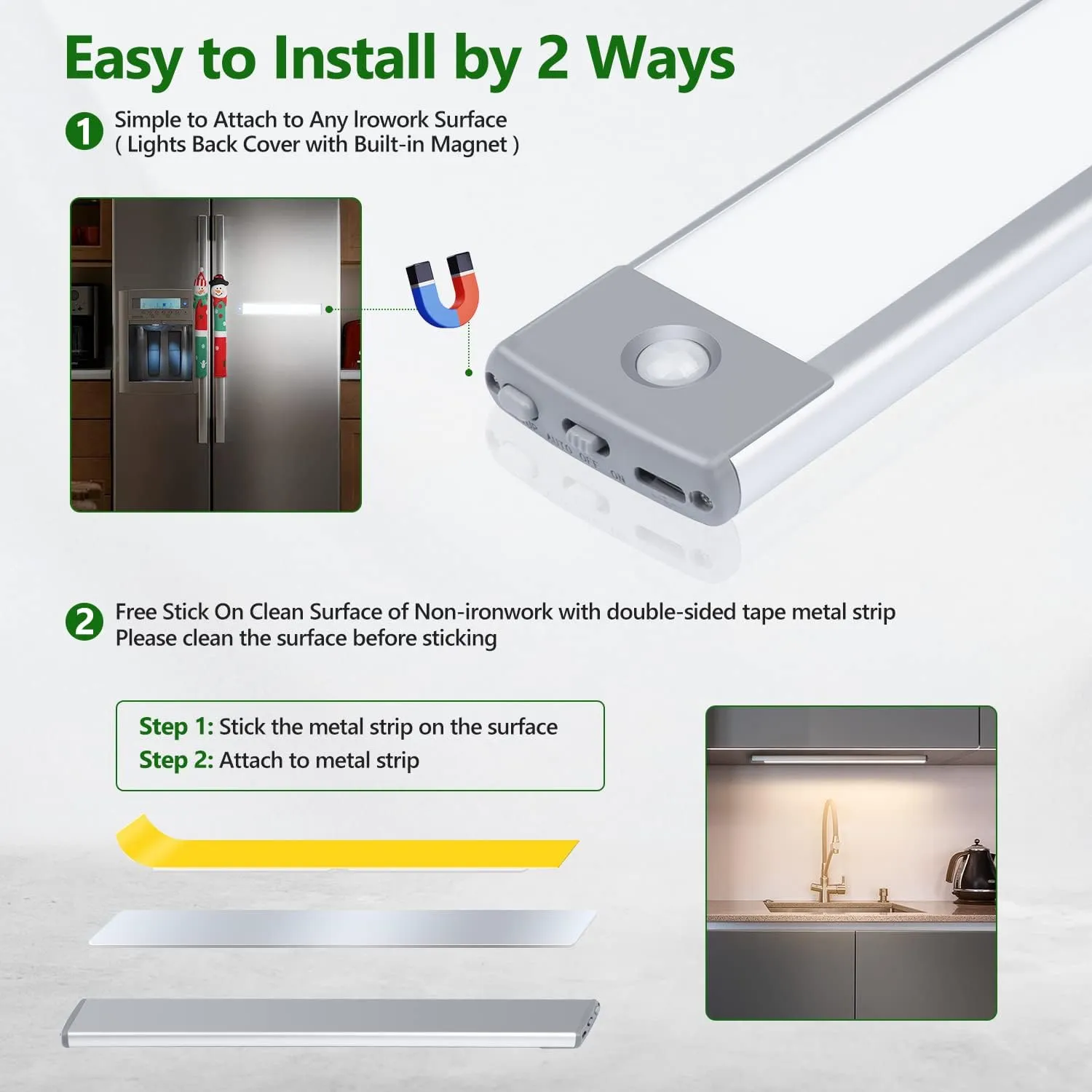HIBOITEC 60 LED Under Cabinet Lights, 3 Color Temperatures Motion Sensor Light Indoor, 2500mAh Rechargeable Stepless Dimmable Closet Lighting, Wireless Night for Drawer, Wardrobe, Kitchen, Hallway