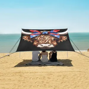 Highland Cow July 4th Beach Camping Tent Sun Shelter for Whole Family, Vintage Patriotic Beach Shade Canopy with UPF50  UV Protection,Easy Set Up and Carry,Outdoor Shade for Trips, Fishing, Back