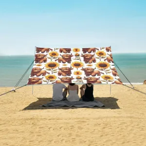 Highland Cows Sunflowers Beach Canopy Tent Anti-UV & Wind Resistant, Cute Cattle Camping Sun Shelter Easy Setup Portable,Outdoor Shade Tents with Sandbags,Sand Shovels,Ground Pegs & Stability Po