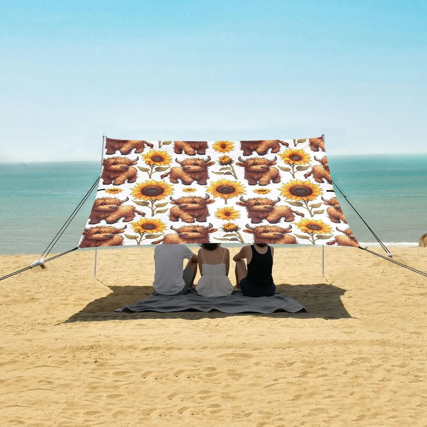 Highland Cows Sunflowers Beach Canopy Tent Anti-UV & Wind Resistant, Cute Cattle Camping Sun Shelter Easy Setup Portable,Outdoor Shade Tents with Sandbags,Sand Shovels,Ground Pegs & Stability Po