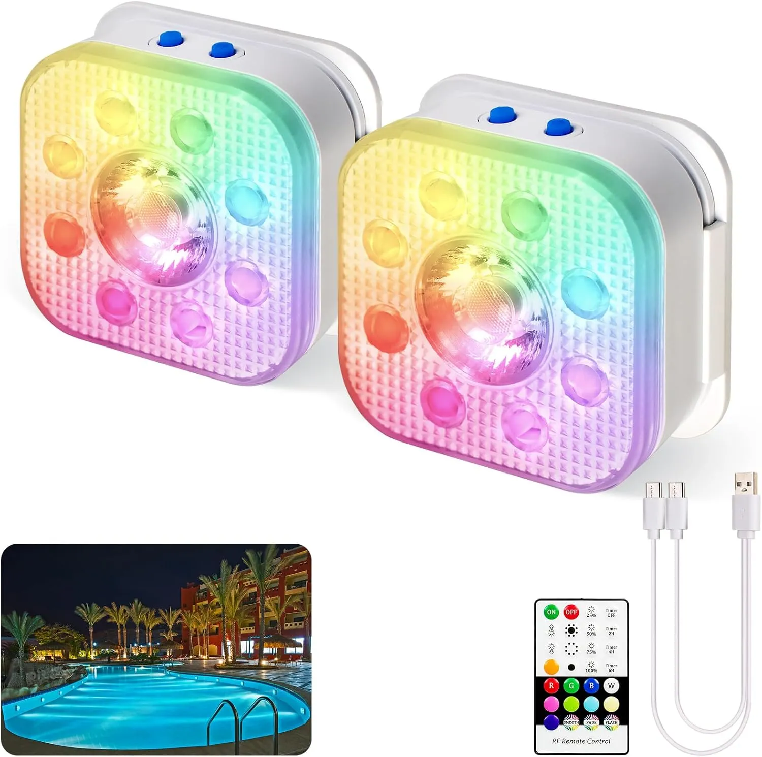 HL Pool Lights with Remote,Submersible LED Light with Spotlight,RGB Rechargeable Floating Light,Waterproof Underwater lamp for Above Ground Inground Swimming Pool,Hot Tubs,Ponds,Fountain Decor 2 Pack