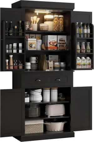 HOMCOM 71" Kitchen Pantry Cabinet with LED Motion Sensor Light, Tall Storage Cabinet with 6 Door Shelves, Drawer & Adjustable Shelves, for Living & Dining Room, Black