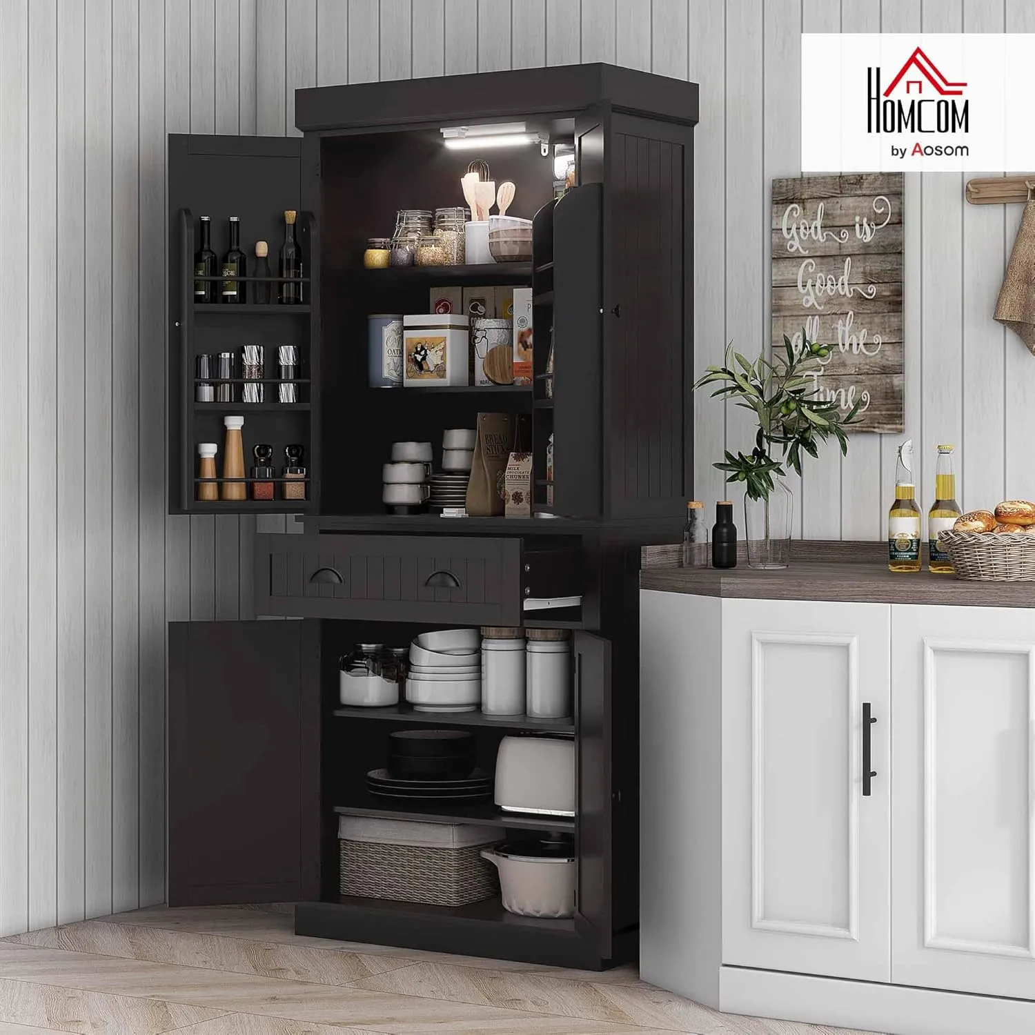 HOMCOM 71" Kitchen Pantry Cabinet with LED Motion Sensor Light, Tall Storage Cabinet with 6 Door Shelves, Drawer & Adjustable Shelves, for Living & Dining Room, Black