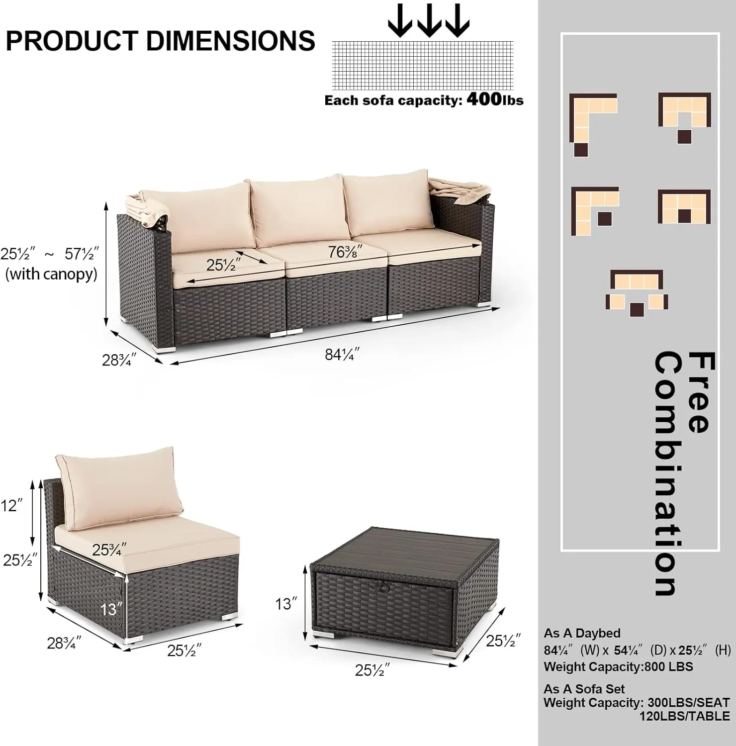 HOMREST 6 Pieces Patio Furniture Sets, Rattan Daybed with Retractable Canopy, Outdoor Sectional Sofa Set with Adjustable Backrest, Chaise Chair Sunbed for Garden Poolside Backyard (Khaki)