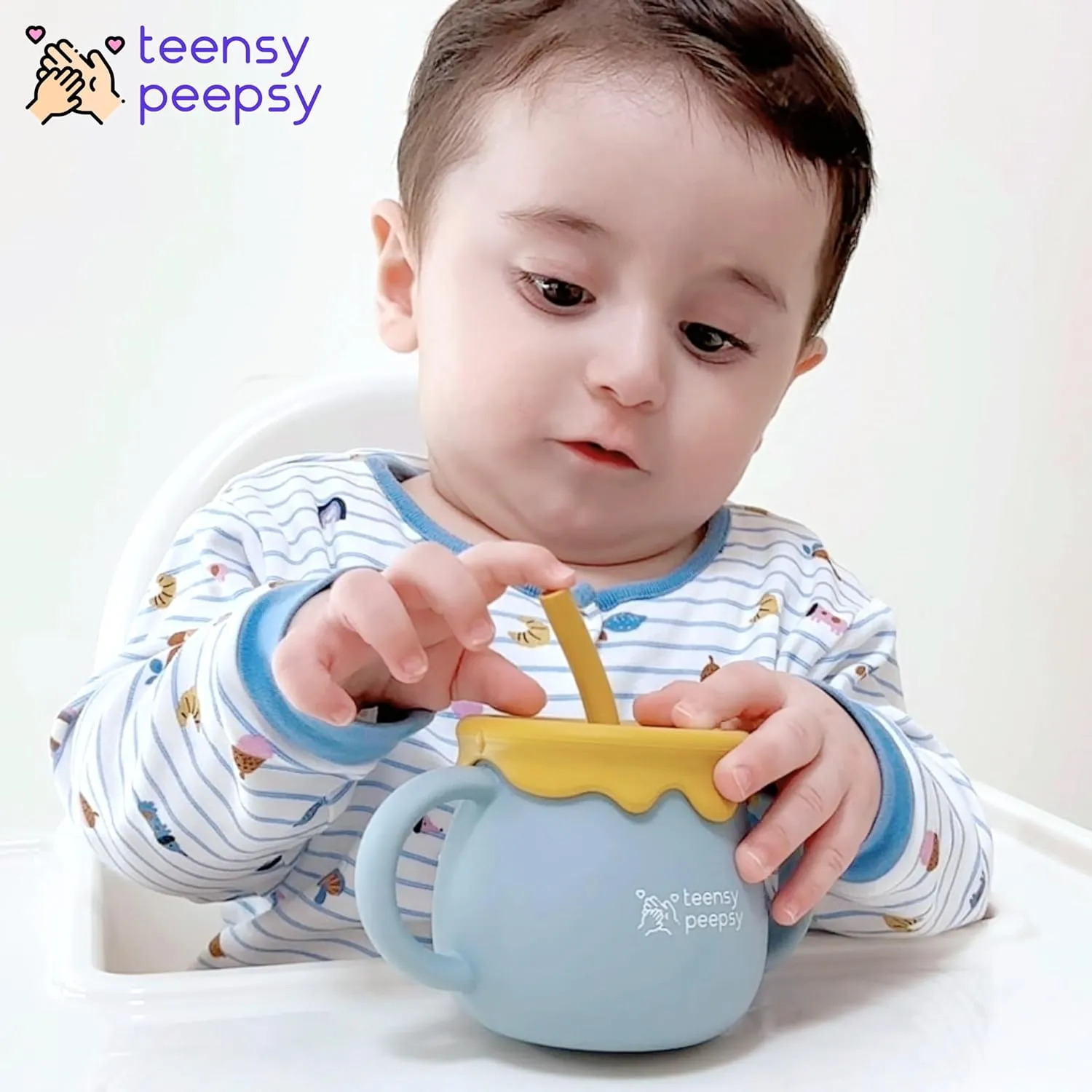Honey Pot 3-in-1 Silicone Training Cup 8.5oz, Baby Sippy Cup with Straw & Snack Cup for 6 months  Straw Cup for Baby Boy Gift, Toddler Smoothie Mug (Honey Jar Blue)