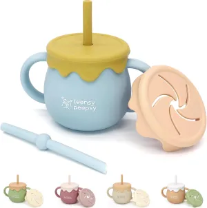 Honey Pot 3-in-1 Silicone Training Cup 8.5oz, Baby Sippy Cup with Straw & Snack Cup for 6 months  Straw Cup for Baby Boy Gift, Toddler Smoothie Mug (Honey Jar Blue)