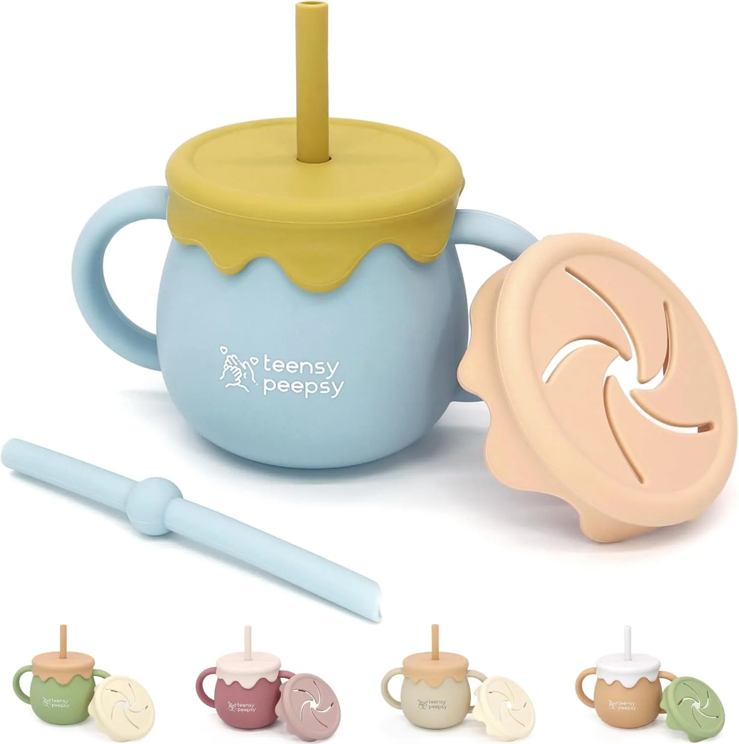 Honey Pot 3-in-1 Silicone Training Cup 8.5oz, Baby Sippy Cup with Straw & Snack Cup for 6 months  Straw Cup for Baby Boy Gift, Toddler Smoothie Mug (Honey Jar Blue)