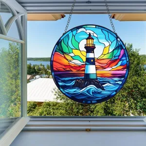 HOTIYOK Stained Glass Lighthouse Window Hanging, Light House Glass Suncatchers for Kitchen Indoor Decorations, Gifts for Women Grandma Teacher Nature Lovers