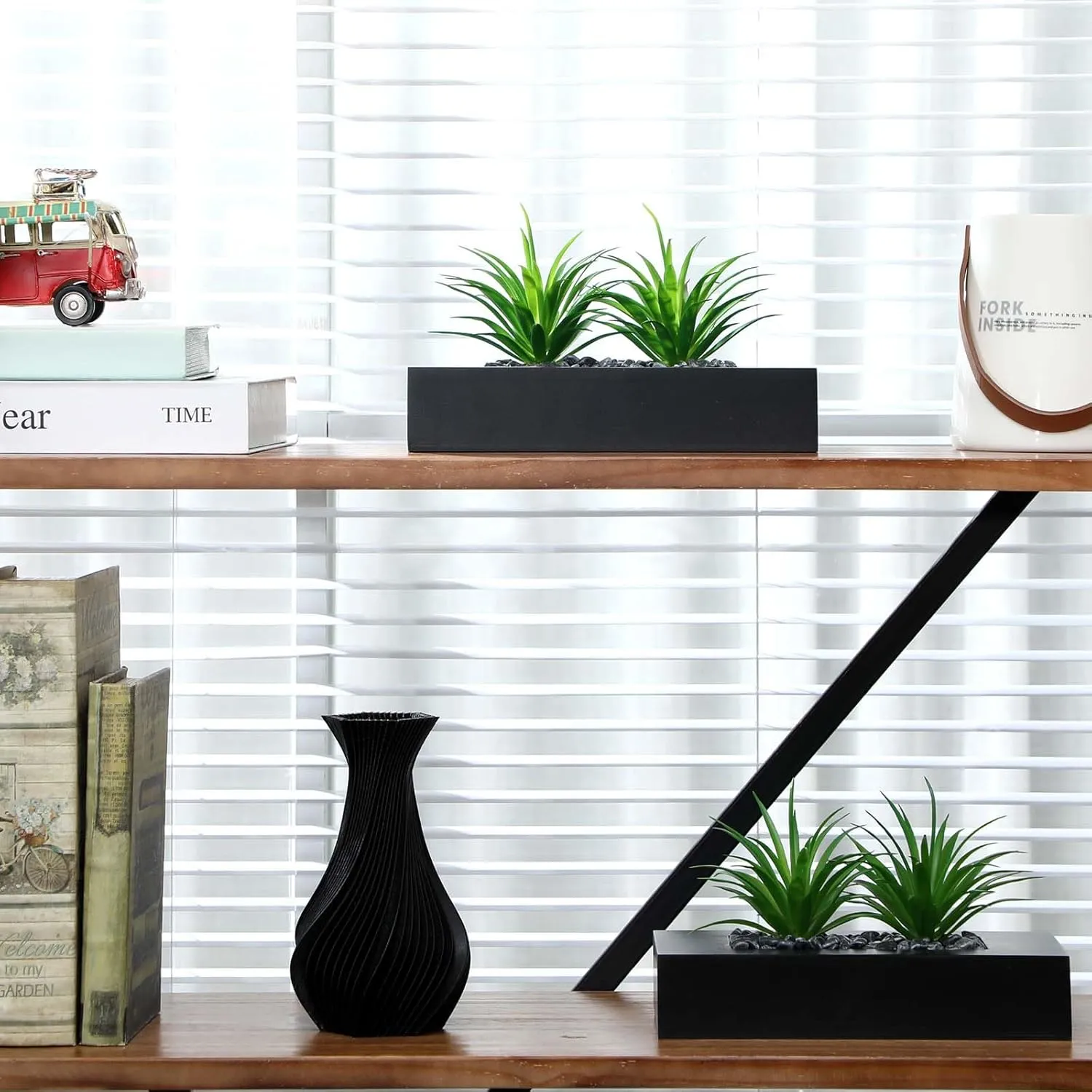 Hotop 2 Pcs Artificial Green Grass Plants in Wood Decorative Planter Pot Wooden Faux Greenery Rectangle Box Table Plant for Tabletop Centerpiece Indoor Decor(9.5 Inch,Black)