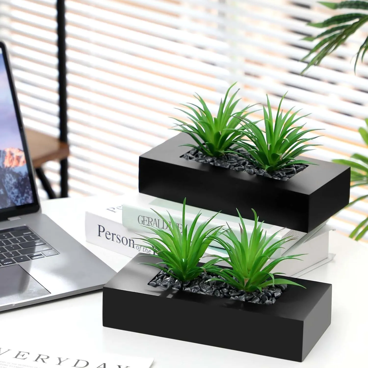 Hotop 2 Pcs Artificial Green Grass Plants in Wood Decorative Planter Pot Wooden Faux Greenery Rectangle Box Table Plant for Tabletop Centerpiece Indoor Decor(9.5 Inch,Black)