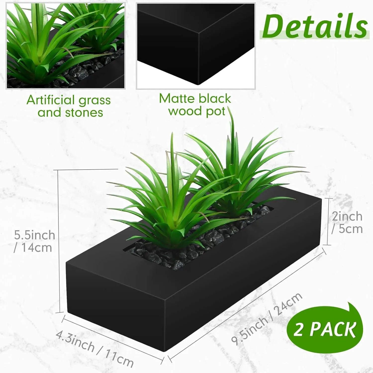 Hotop 2 Pcs Artificial Green Grass Plants in Wood Decorative Planter Pot Wooden Faux Greenery Rectangle Box Table Plant for Tabletop Centerpiece Indoor Decor(9.5 Inch,Black)