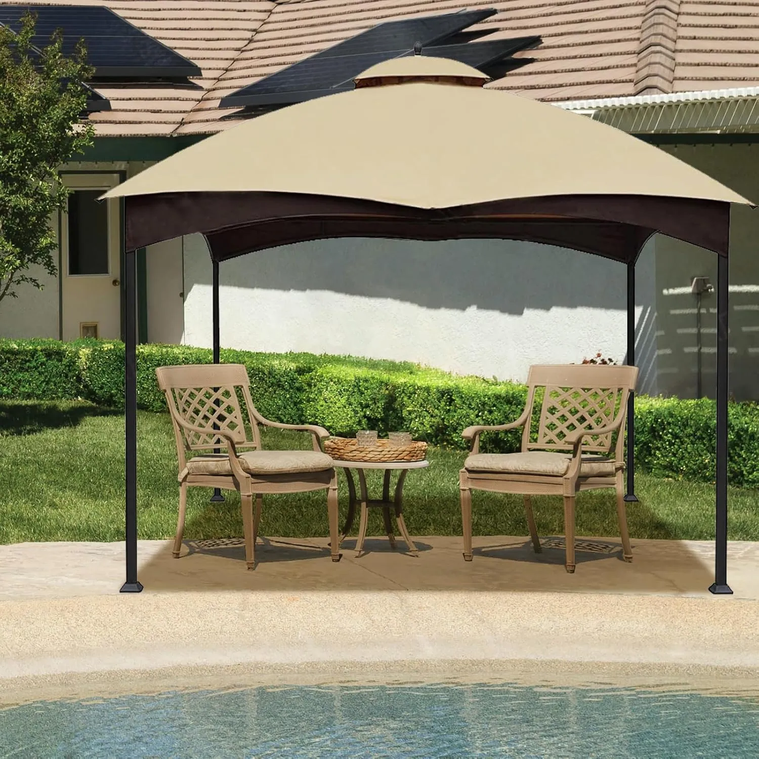 Hugline Outdoor Replacement Canopy Top Double Tier Gazebo Roof Cover for Lowe's Allen Roth 10x12 Gazebo #GF-12S004B-1 (Beige)