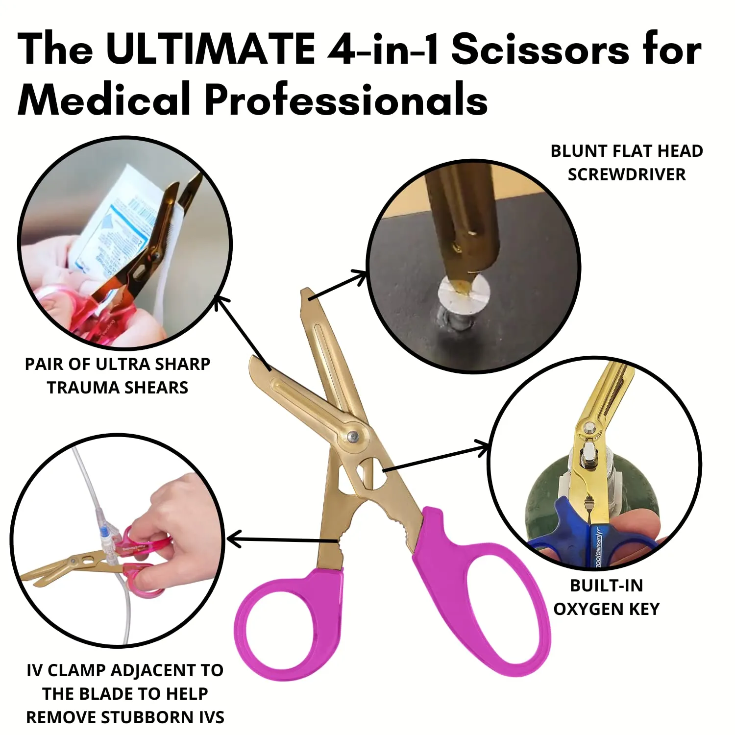 Hummingbird 4-in-1 Medical Scissors - Compact Pocket Size Trauma Shears for Nurses, Students, Practitioners & Medical Professionals (Hibiscus Pink)