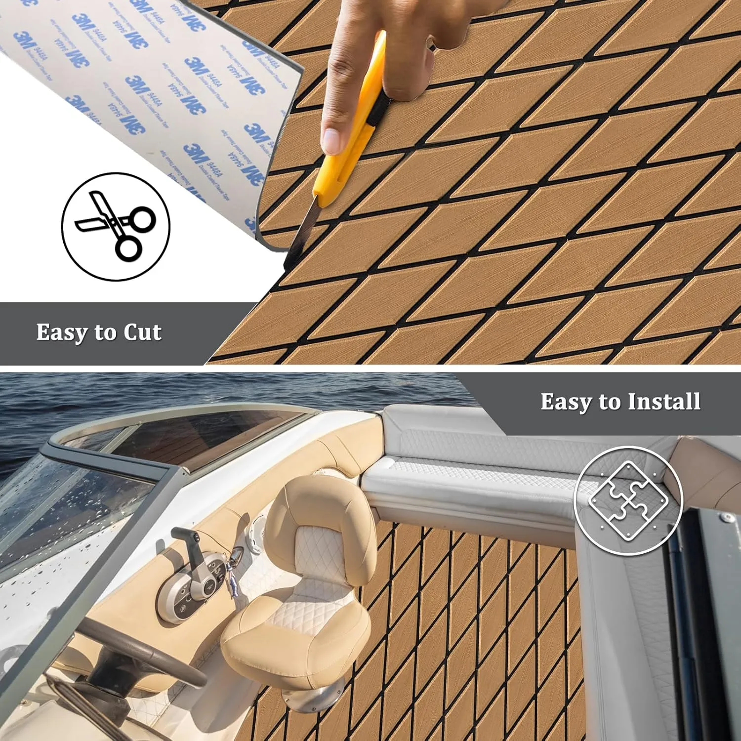 HXBYX EVA Foam Boat Flooring with 3M Adhesive Backing 6mm Thick Diamond Sea Deck Boat Carpet Marine Non-Slip Self-Adhesive Flooring Sheet for Kayak Yacht SwimPool RV 94"x43.9"/28.3"/15.3"