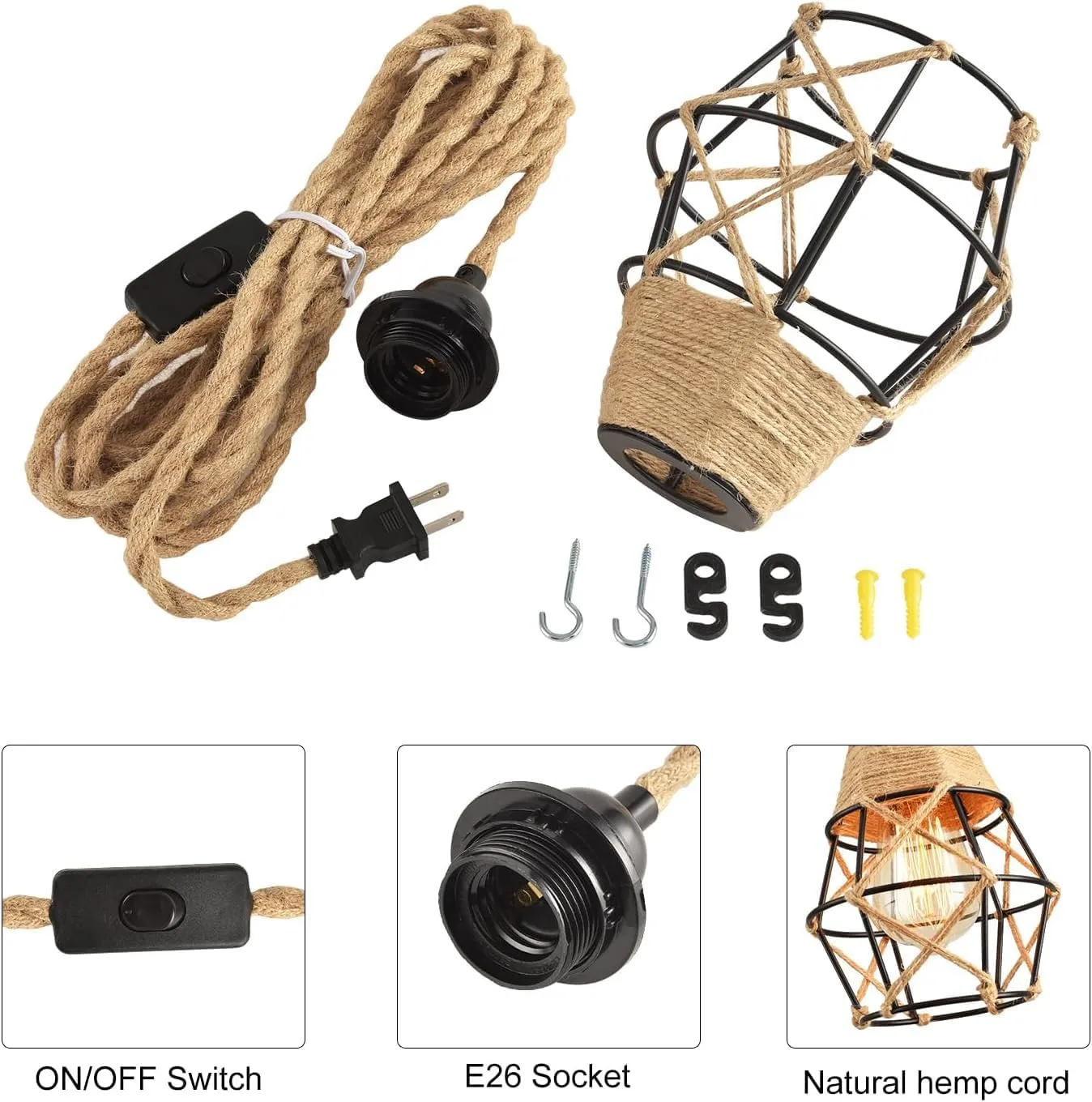 Industrial Hanging Light with Plug in Cord - Hemp Rope On/Off Switch Farmhouse Pendant Light for Dining Room