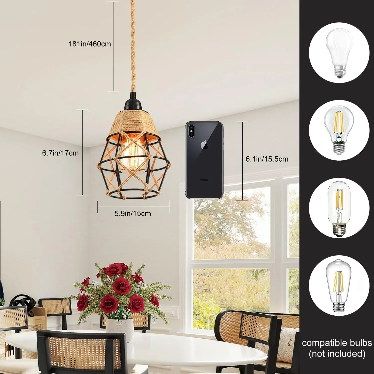 Industrial Hanging Light with Plug in Cord - Hemp Rope On/Off Switch Farmhouse Pendant Light for Dining Room