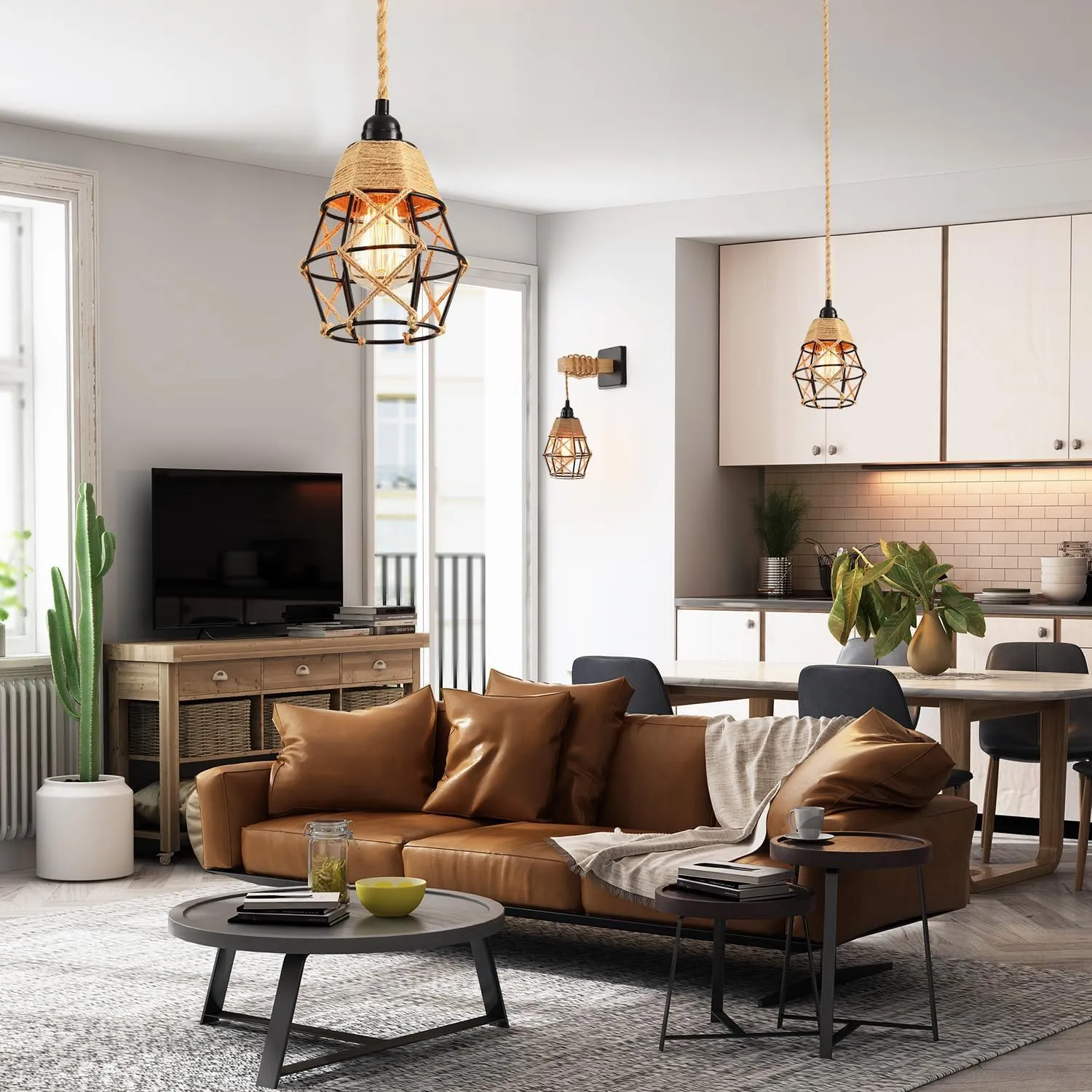 Industrial Hanging Light with Plug in Cord - Hemp Rope On/Off Switch Farmhouse Pendant Light for Dining Room