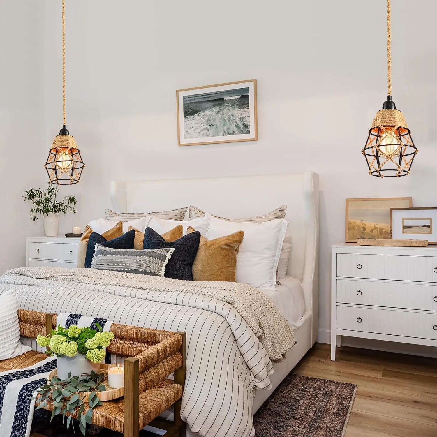Industrial Hanging Light with Plug in Cord - Hemp Rope On/Off Switch Farmhouse Pendant Light for Dining Room