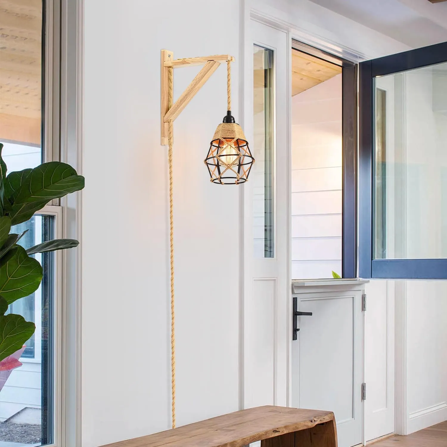 Industrial Hanging Light with Plug in Cord - Hemp Rope On/Off Switch Farmhouse Pendant Light for Dining Room
