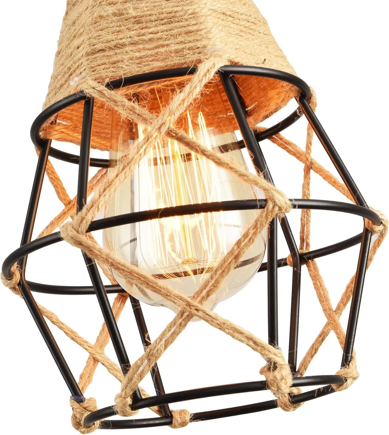 Industrial Hanging Light with Plug in Cord - Hemp Rope On/Off Switch Farmhouse Pendant Light for Dining Room