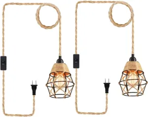 Industrial Hanging Light with Plug in Cord - Hemp Rope On/Off Switch Farmhouse Pendant Light for Dining Room