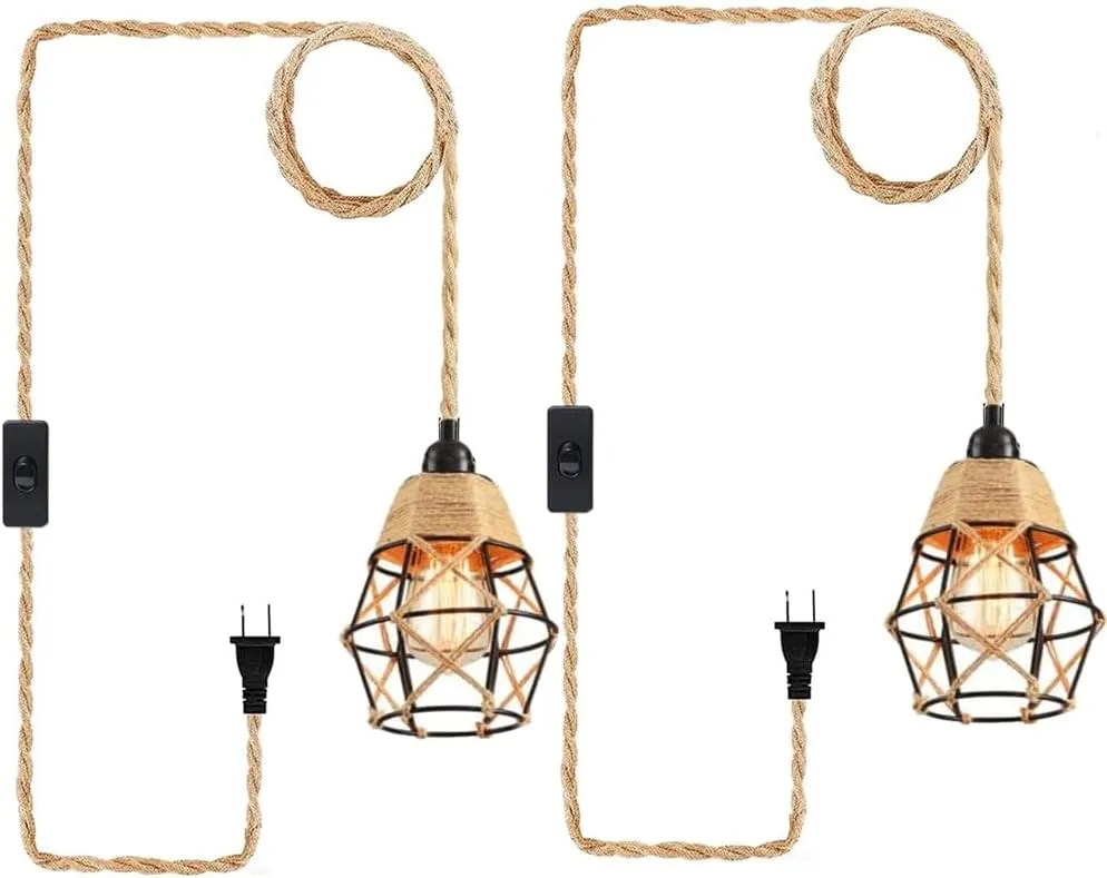 Industrial Hanging Light with Plug in Cord - Hemp Rope On/Off Switch Farmhouse Pendant Light for Dining Room