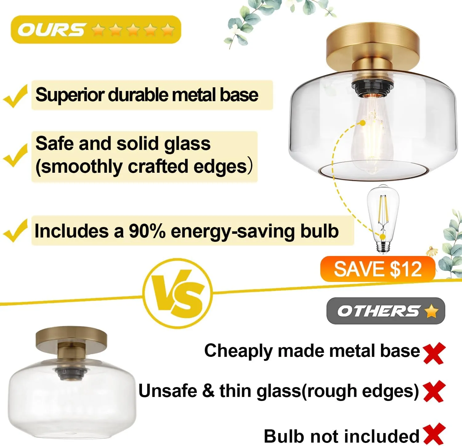 Industrial Semi Flush Mount Ceiling Light Brushed Gold, 800 Lumen LED Bulb Included, Clear Glass Shade Ceiling Light Fixture, Light Fixture for Hallway Bathroom Bedroom, Vintage Hanging Light Fixtures