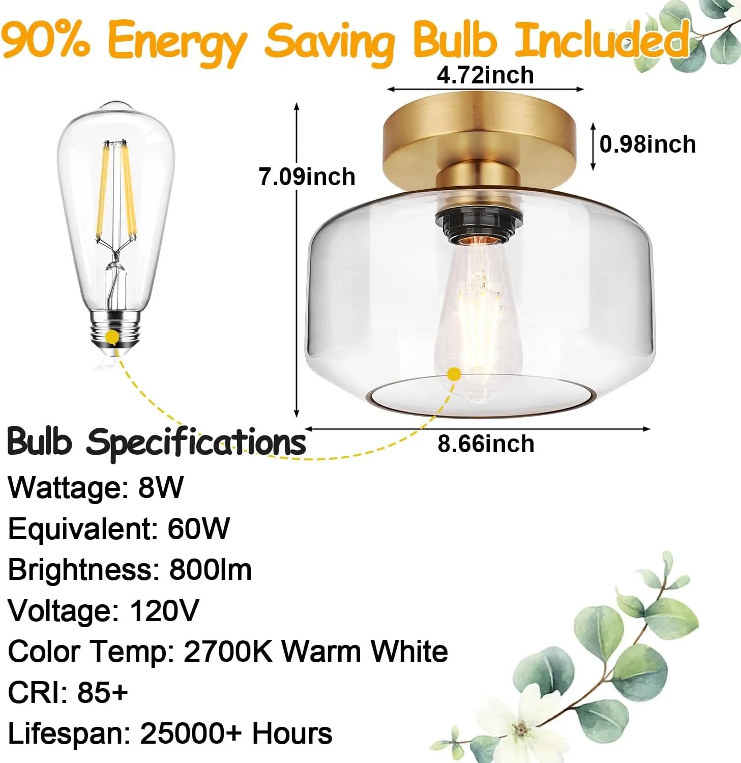 Industrial Semi Flush Mount Ceiling Light Brushed Gold, 800 Lumen LED Bulb Included, Clear Glass Shade Ceiling Light Fixture, Light Fixture for Hallway Bathroom Bedroom, Vintage Hanging Light Fixtures