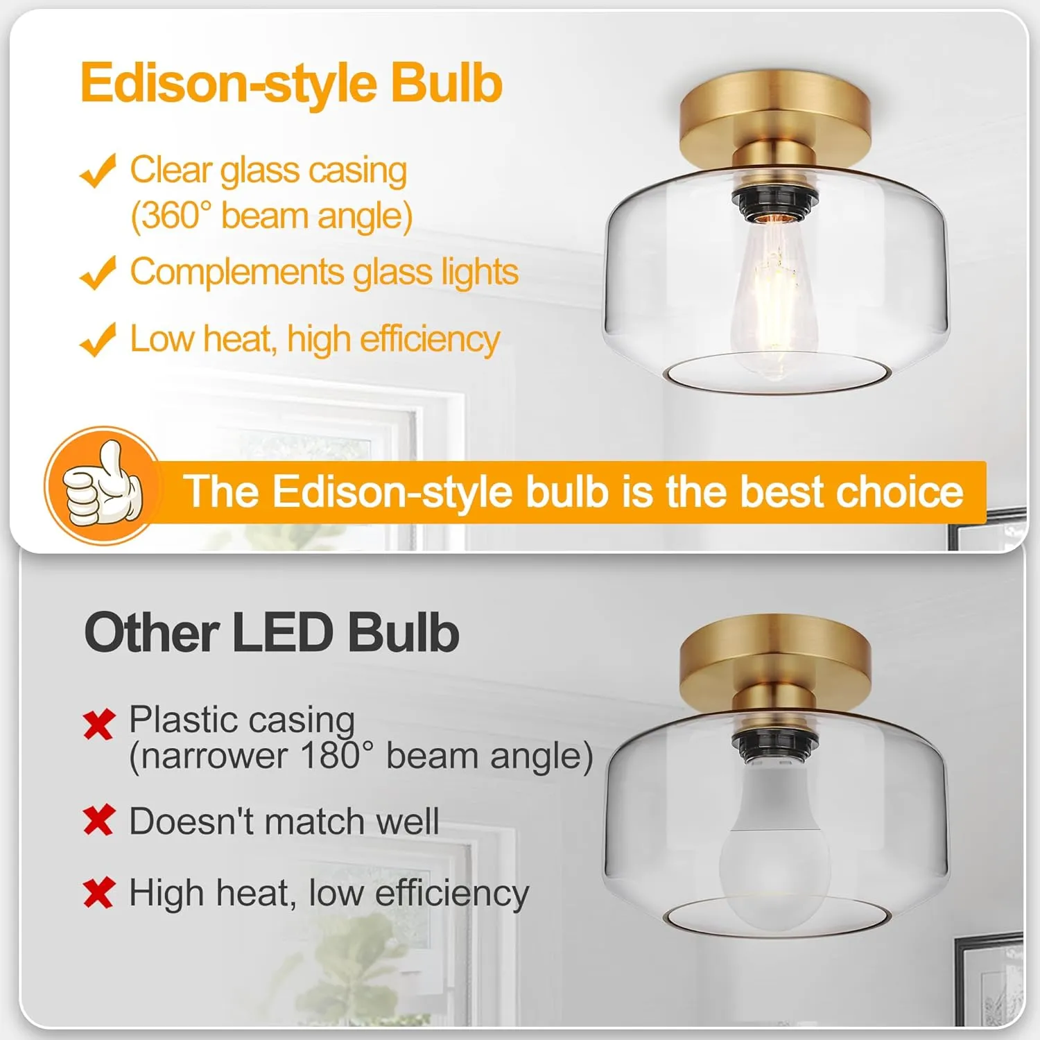 Industrial Semi Flush Mount Ceiling Light Brushed Gold, 800 Lumen LED Bulb Included, Clear Glass Shade Ceiling Light Fixture, Light Fixture for Hallway Bathroom Bedroom, Vintage Hanging Light Fixtures