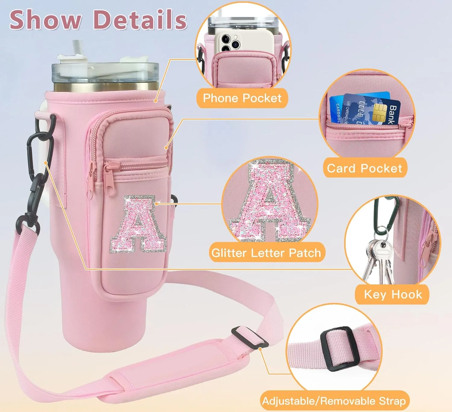 Initial Water Bottle Carrier Bag with Phone Pocket for Stanley 40Oz Cup Accessories,Water Bottle Holder with Shoulder Strap Christmas Birthday Gifts for Family Friend Girlfriend (Pink T)