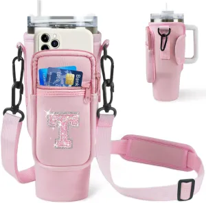 Initial Water Bottle Carrier Bag with Phone Pocket for Stanley 40Oz Cup Accessories,Water Bottle Holder with Shoulder Strap Christmas Birthday Gifts for Family Friend Girlfriend (Pink T)