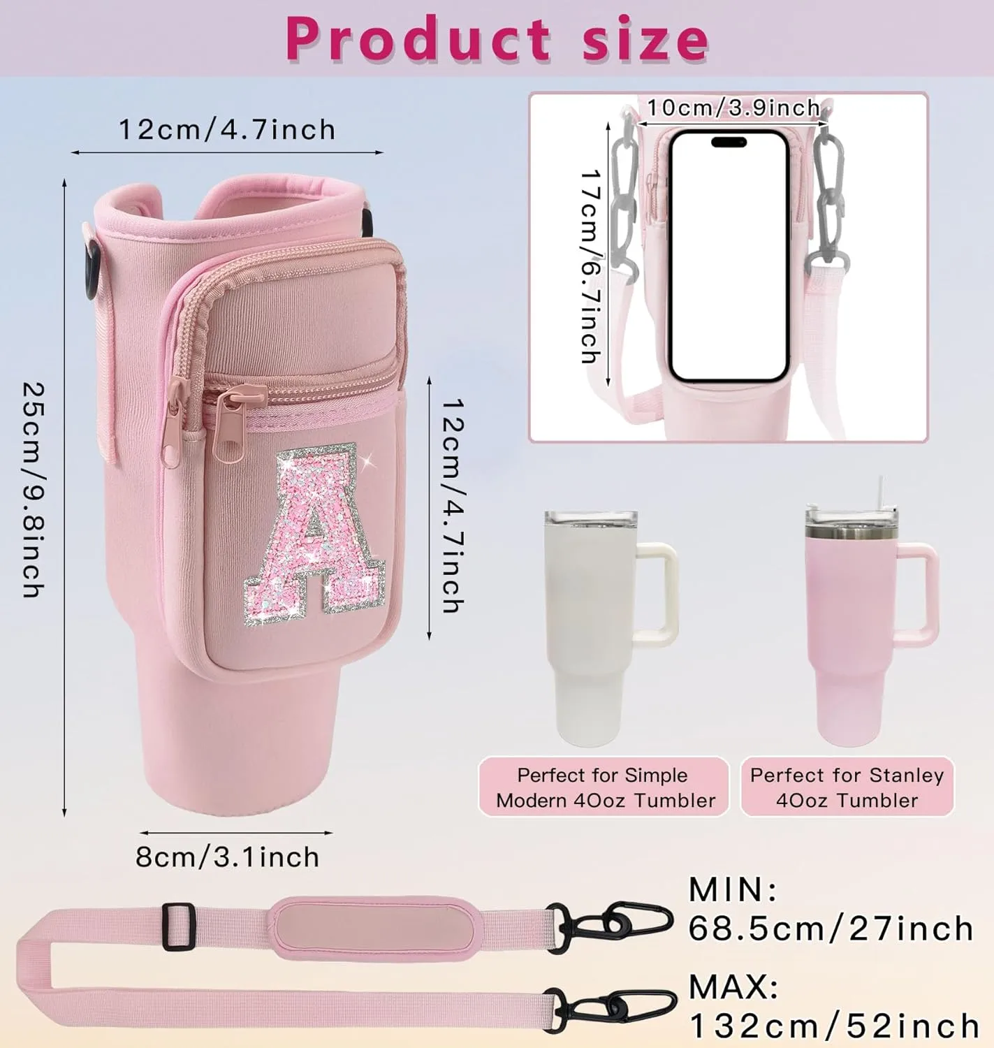 Initial Water Bottle Carrier Bag with Phone Pocket for Stanley 40Oz Cup Accessories,Water Bottle Holder with Shoulder Strap Christmas Birthday Gifts for Family Friend Girlfriend (Pink T)
