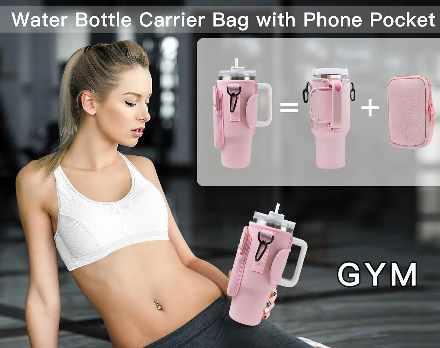 Initial Water Bottle Carrier Bag with Phone Pocket for Stanley 40Oz Cup Accessories,Water Bottle Holder with Shoulder Strap Christmas Birthday Gifts for Family Friend Girlfriend (Pink T)