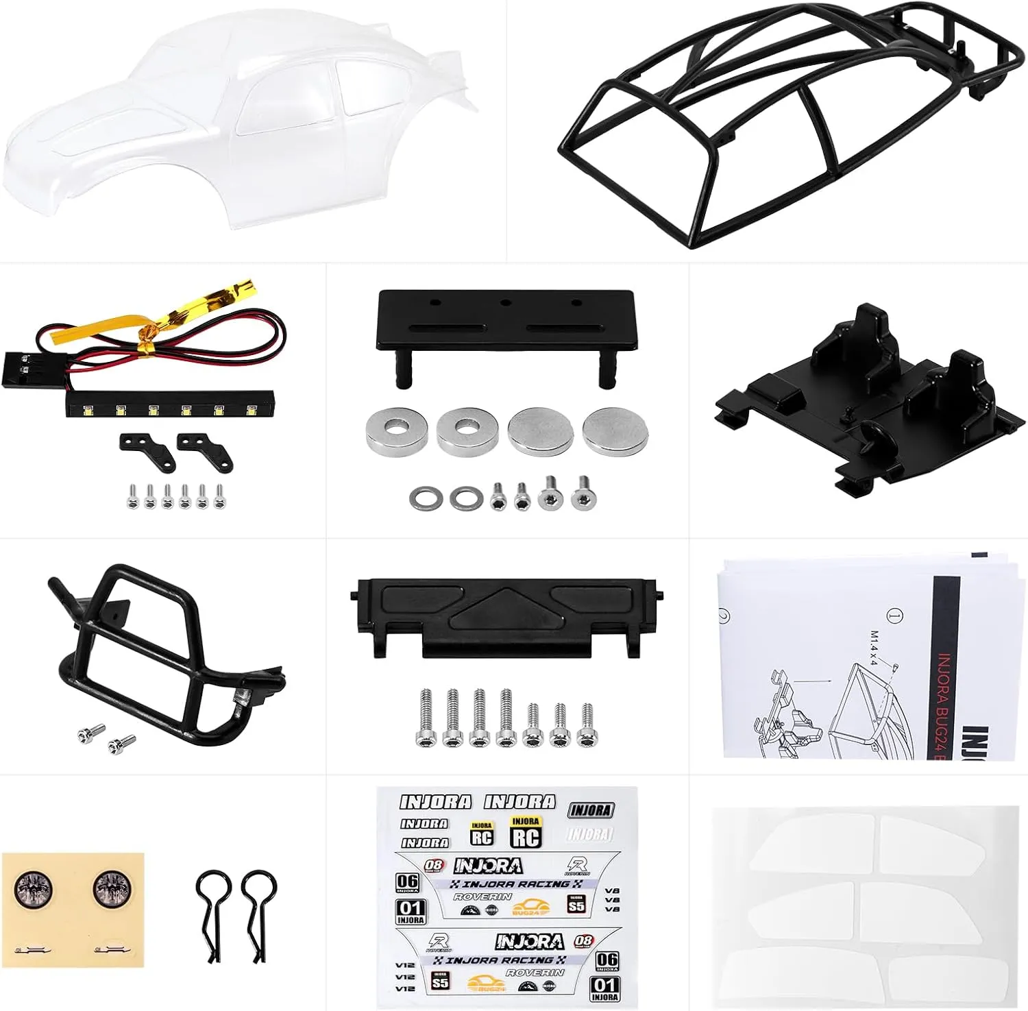 INJORA BUG24 Body with Roll Cage for 1/24 Axial SCX24 C10 JLU Bronco Base Camp Upgrade(Clear)