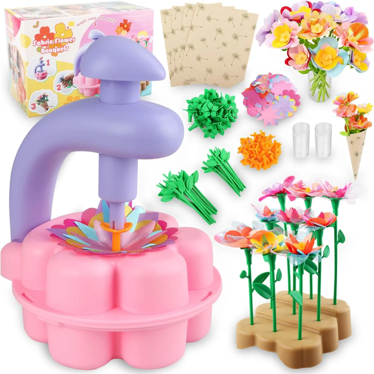 INKZOO DIY Flower Bouquet Craft Kit for Girls Ages 4-8 - Creative Arts & Crafts Toy with 70  Pieces to Make 10  Unique Fabric Flowers - STEM Educational Gift for Birthday, Mother's Day & Christmas