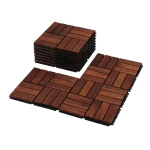 Interlocking Deck Tiles, 10 Pcs All Weather Durable Patio Flooring Outdoor Waterproof with Non-Slip Safety & Efficient Drainage, 12"x12" Checkered Acacia Wood Composite Floor Mats- Brown