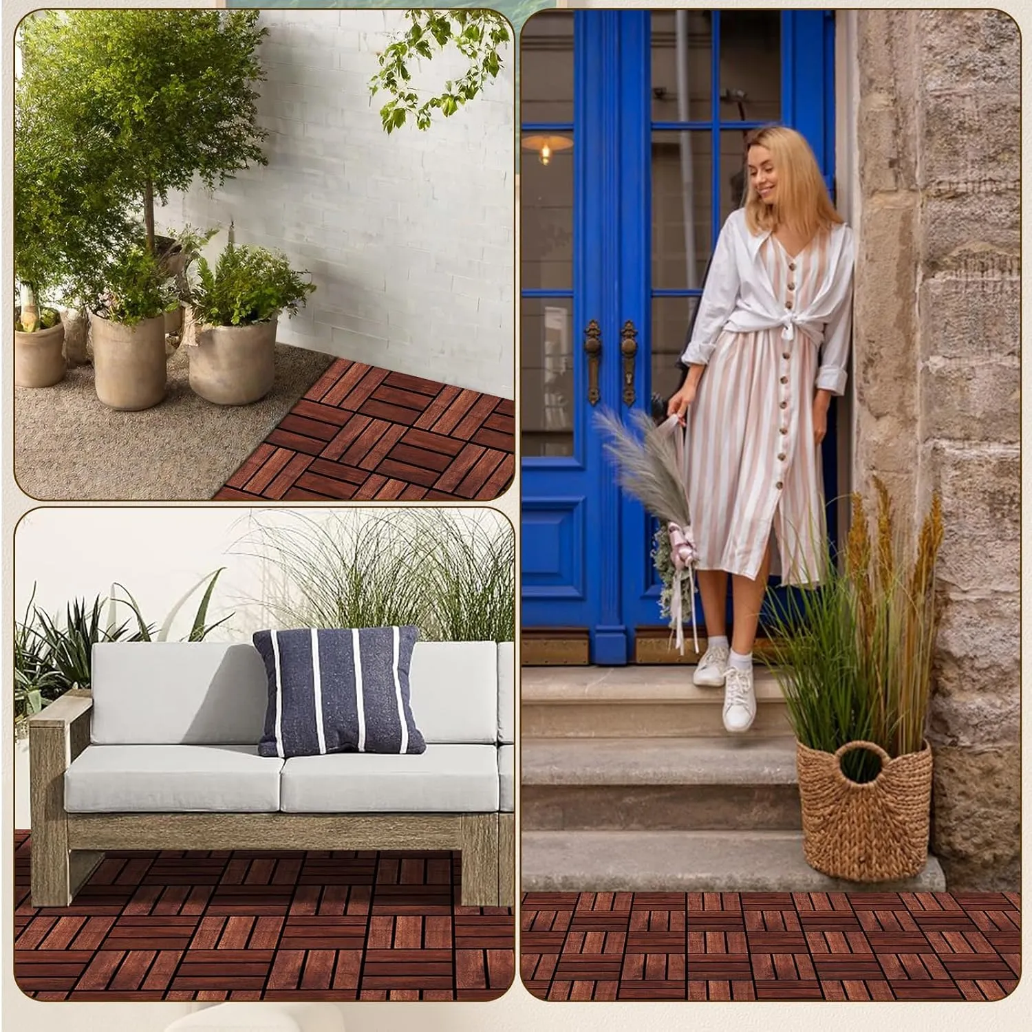 Interlocking Deck Tiles, 10 Pcs All Weather Durable Patio Flooring Outdoor Waterproof with Non-Slip Safety & Efficient Drainage, 12"x12" Checkered Acacia Wood Composite Floor Mats- Brown